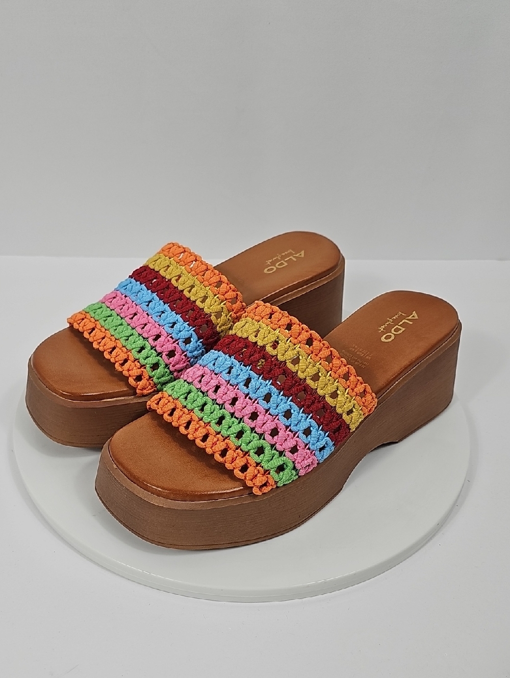 NIB Aldo Yassu Rainbow Crochet Platform Slide Sandals Crochet Multicolor Brown 7 - Picture 10 of 13